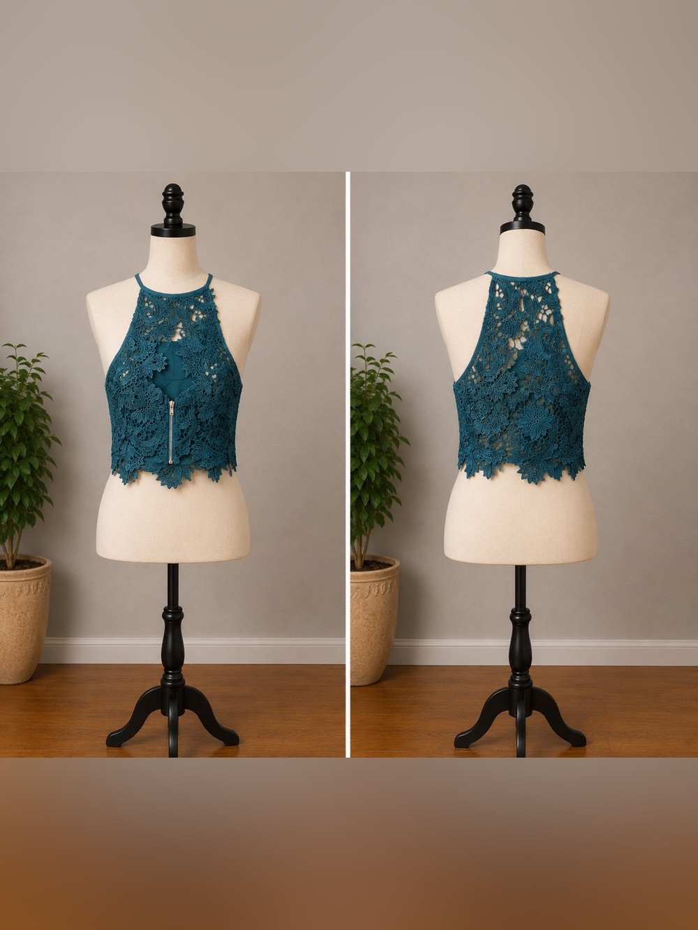 Guess Teal Crochet Halter Lace Crop Top